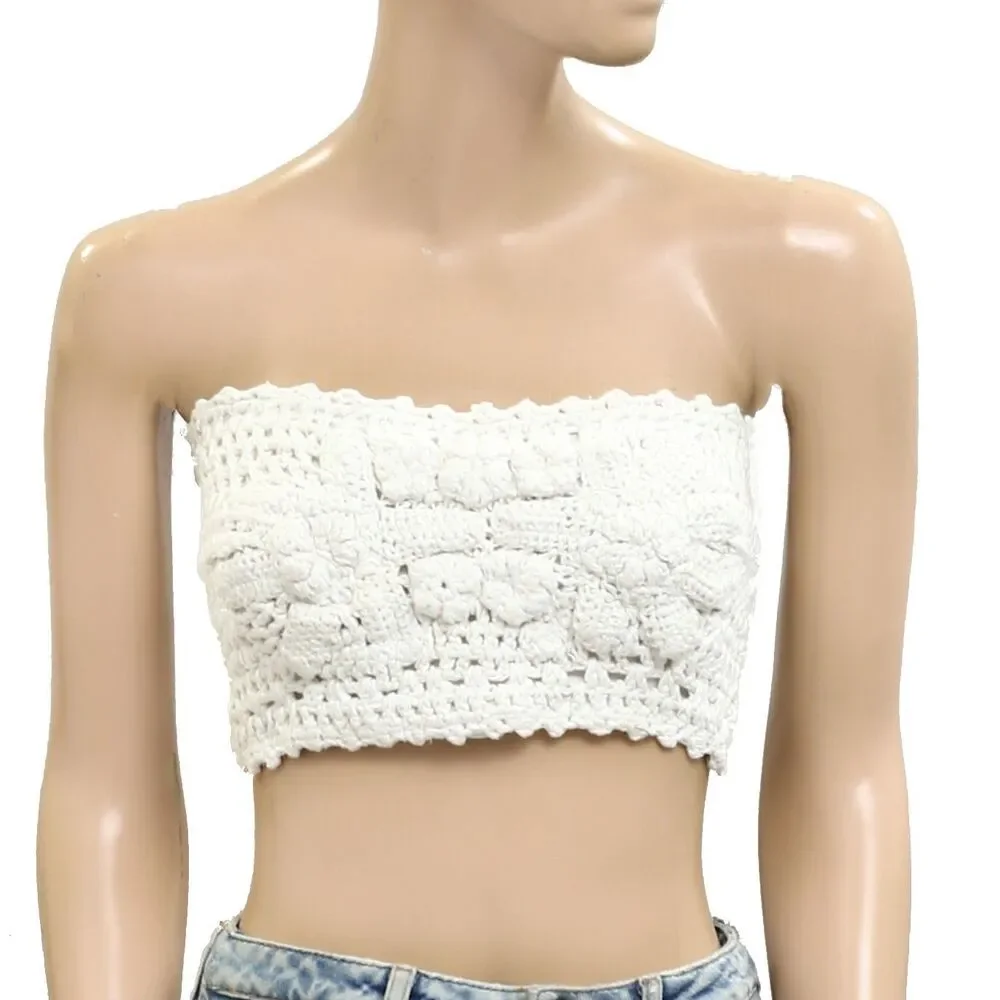 Free People Drift Away Blouse Tube Top Floral Crochet Smocked White S 279430